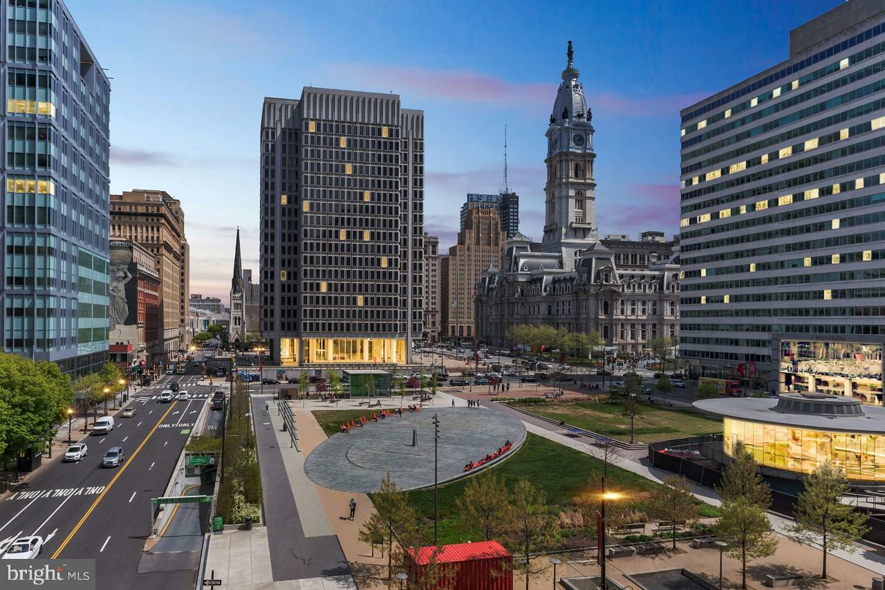 Scenic view of iconic Philadelphia buildings showcasing architectural diversity and urban charm.